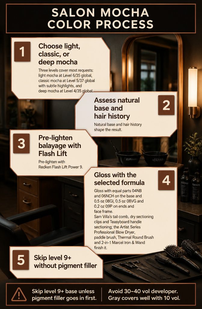Salon mocha color process graphic with balayage lightening and gloss formulas