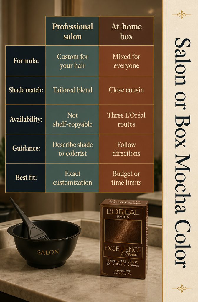 Salon or box mocha color graphic comparing custom salon formulas with box dye