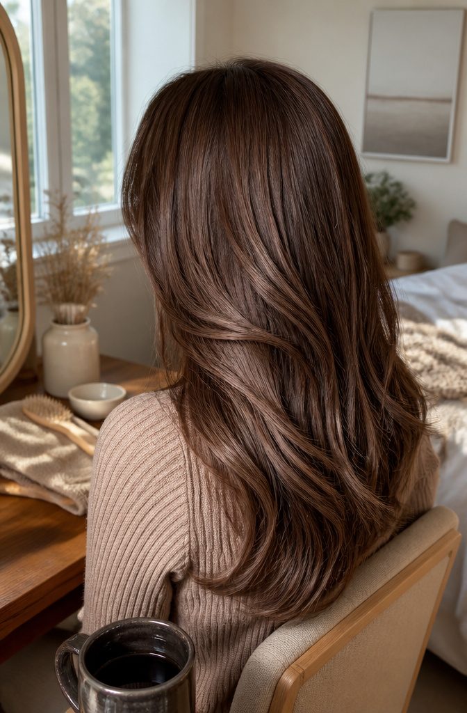Medium-to-deep brown hair with a creamy chocolate-toned finish