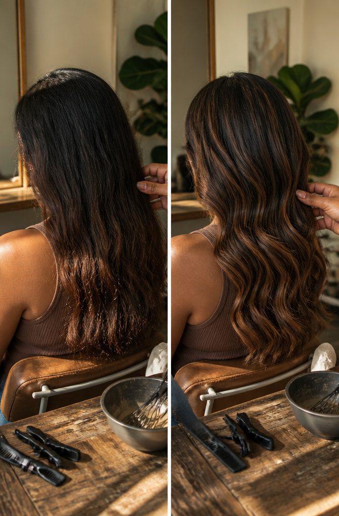 Mocha brown hair with lighter highlights and darker lowlights