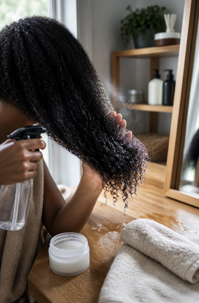 Spray bottle misting water onto dark coily hair