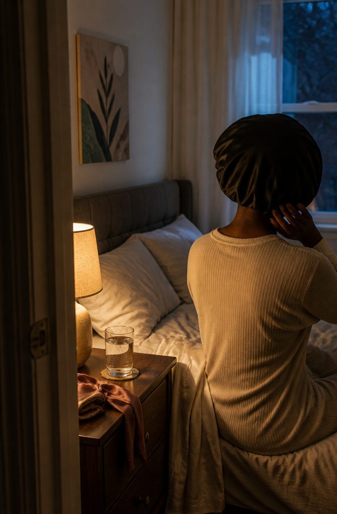Person seen from behind adjusting a satin bonnet over their hair