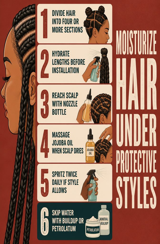 Beauty graphic titled Moisturize Hair Under Protective Styles