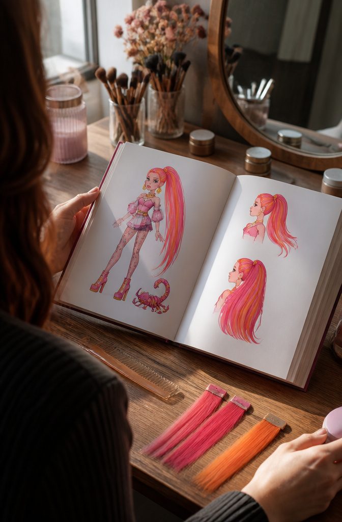 Gigi Grant with pink hair orange streaks and her pet scorpion Sultan Sting