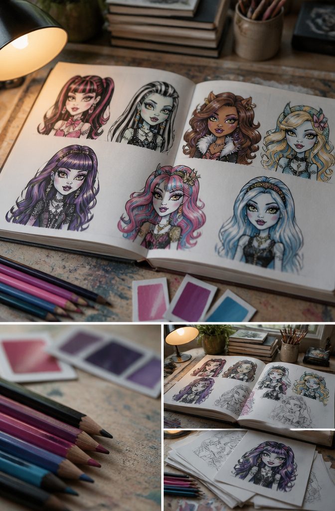 Monster High characters with dark hair and pink blue or purple streaks