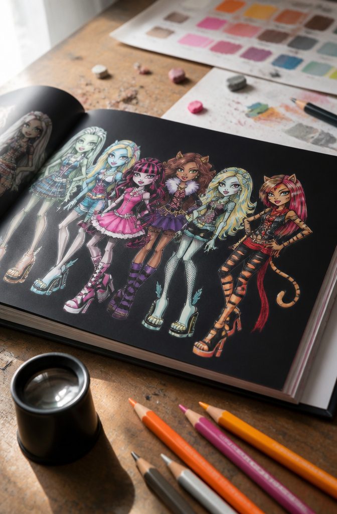 Monster High character with colorful hair and red-themed article imagery