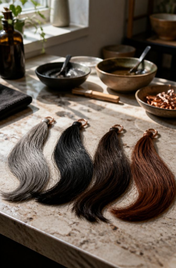 White gray black brown and bright red hair swatches with varied dark color