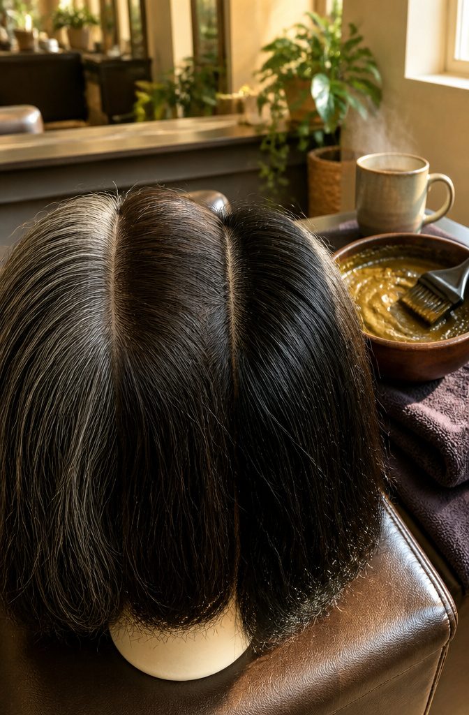 Hair dye scene representing boxed color and henna-indigo for gray hair
