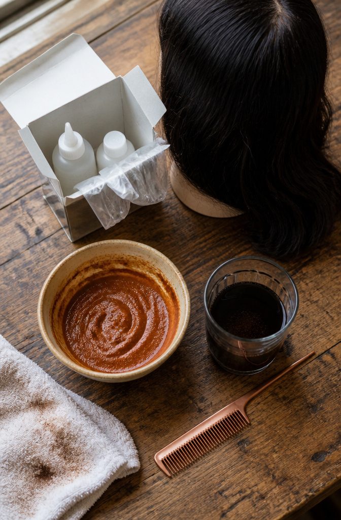 Hair dye products and dark hair representing henna coffee and boxed color