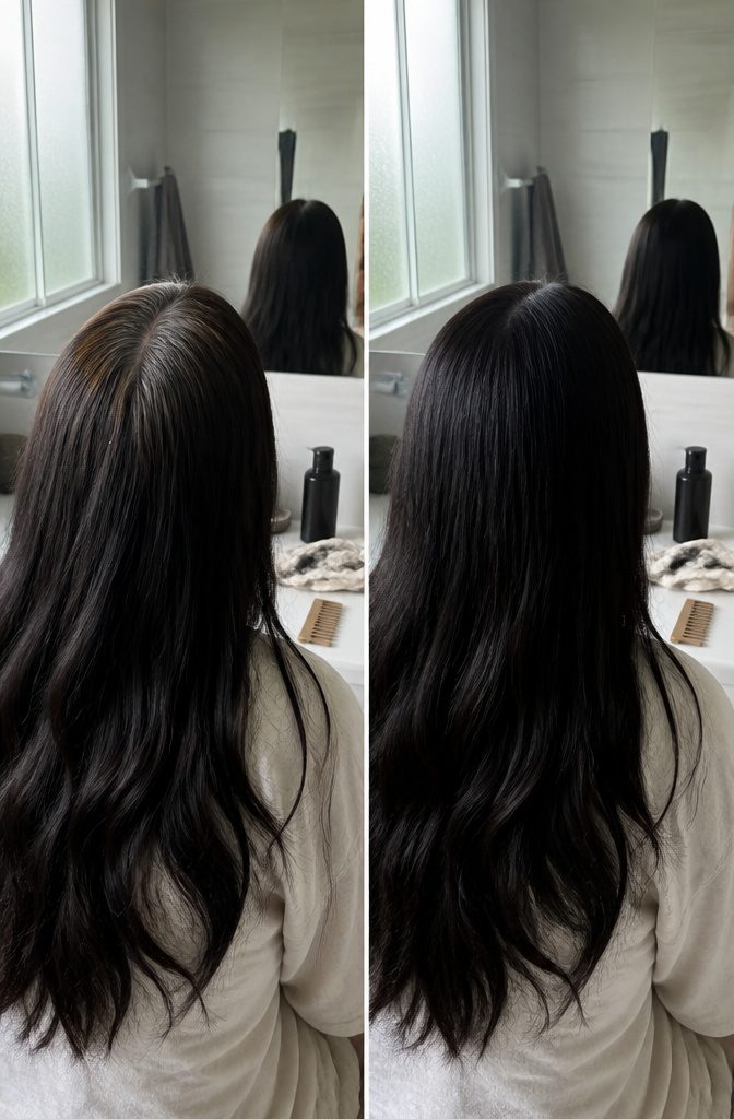 Dark hair and dye items representing black color lasting between applications