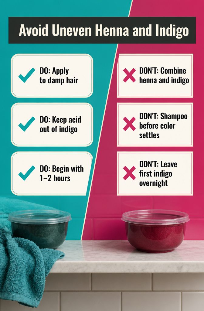Beauty graphic listing mistakes that cause uneven henna and indigo results