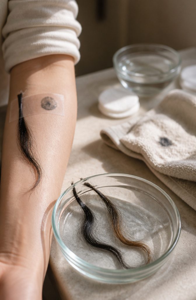 Hair dye supplies representing sensitivity testing and removing dark color
