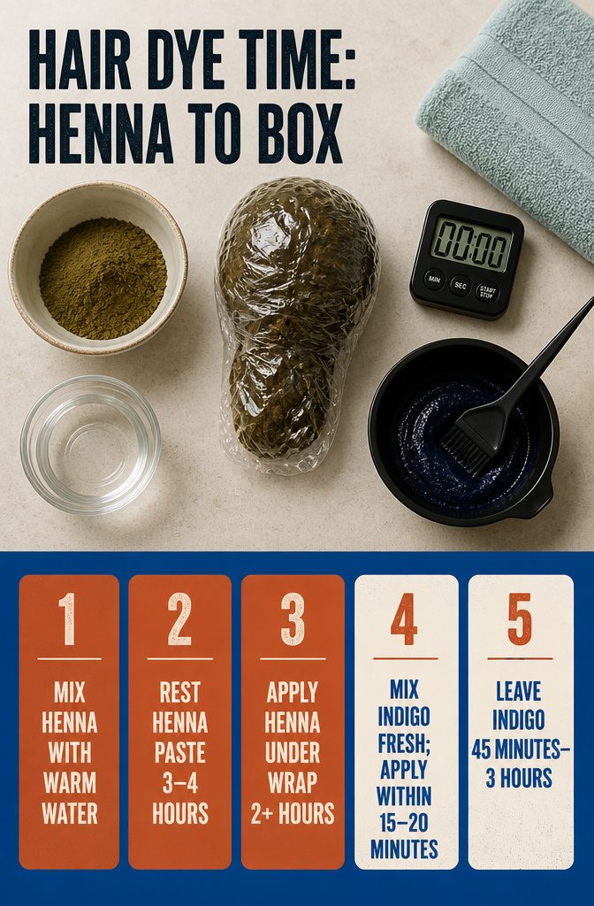 Hair dye timing graphic comparing henna application with boxed dye