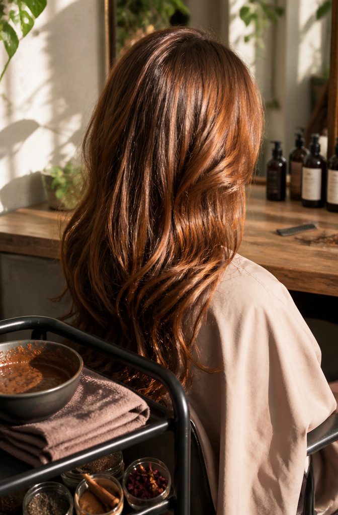 Auburn and copper brown hair with orange-red highlights