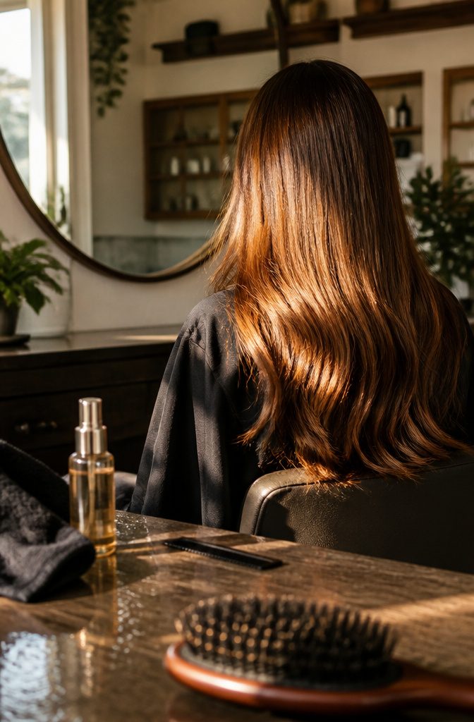 Bronze brown hair with glossy metallic warmth beside shine serum