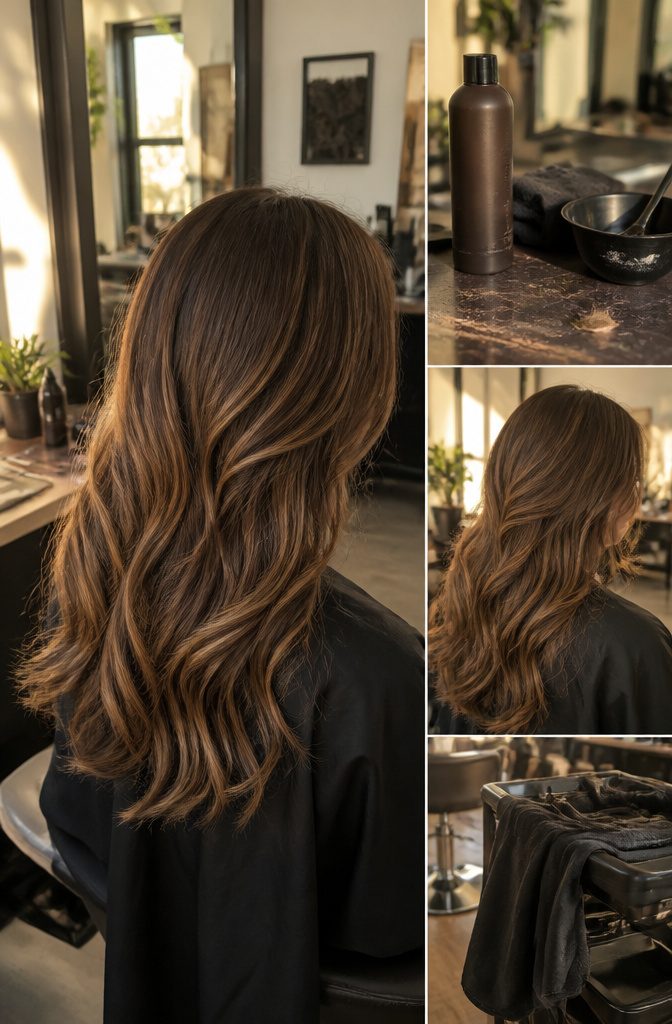 Caramel brown hair with layered golden highlights and soft waves