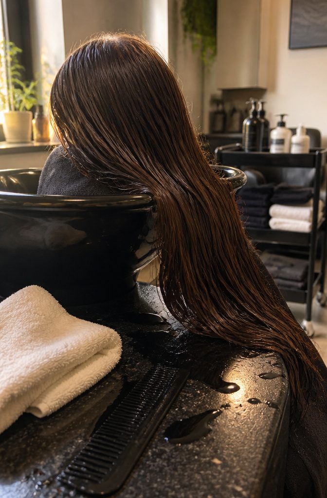 Chestnut brown hair with subtle red warmth and natural texture