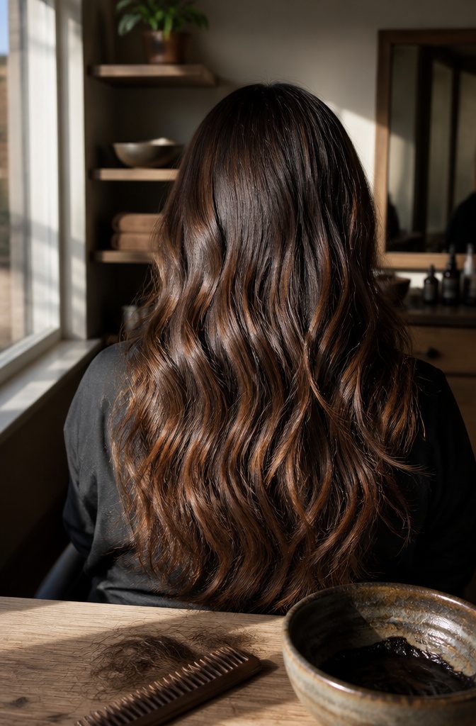 Chocolate and cocoa brown hair showing warm and cool tones