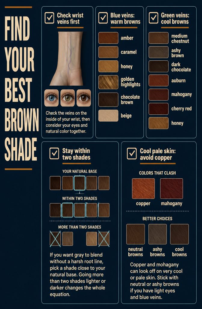 Brown hair shade guide matching colors with skin and eye tones