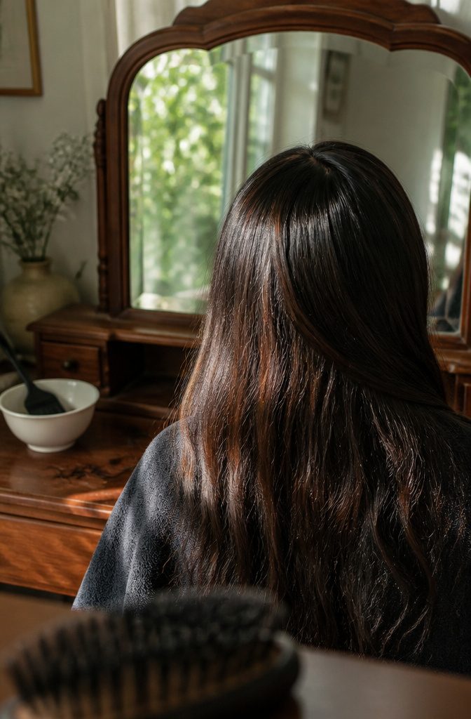 Ebony brown hair with glossy strands and reddish sunlight reflections