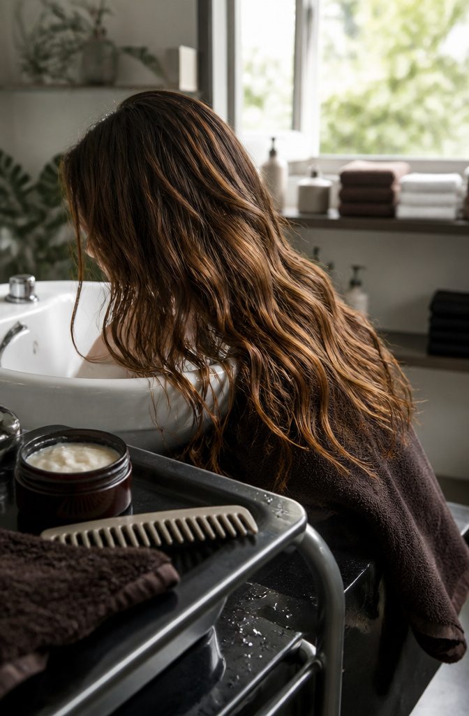 Golden brown wavy hair with repair mask jar and wide-tooth comb