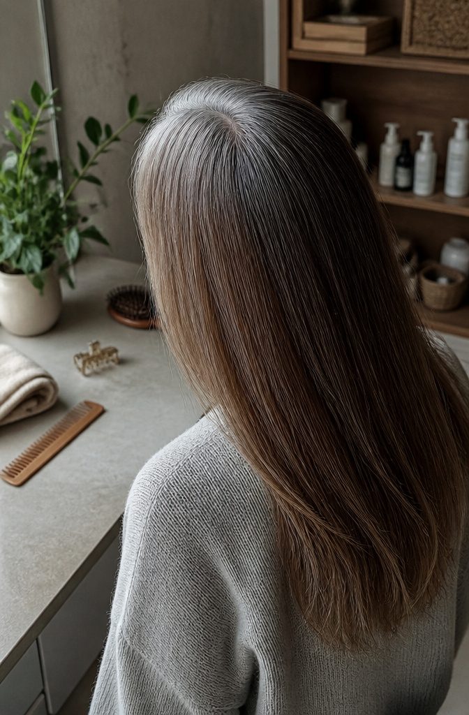 Gray brown hair blending brown lengths into silver roots