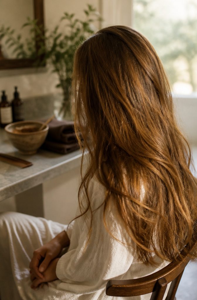 Hazelnut brown hair with golden warmth beside plant-based hair color