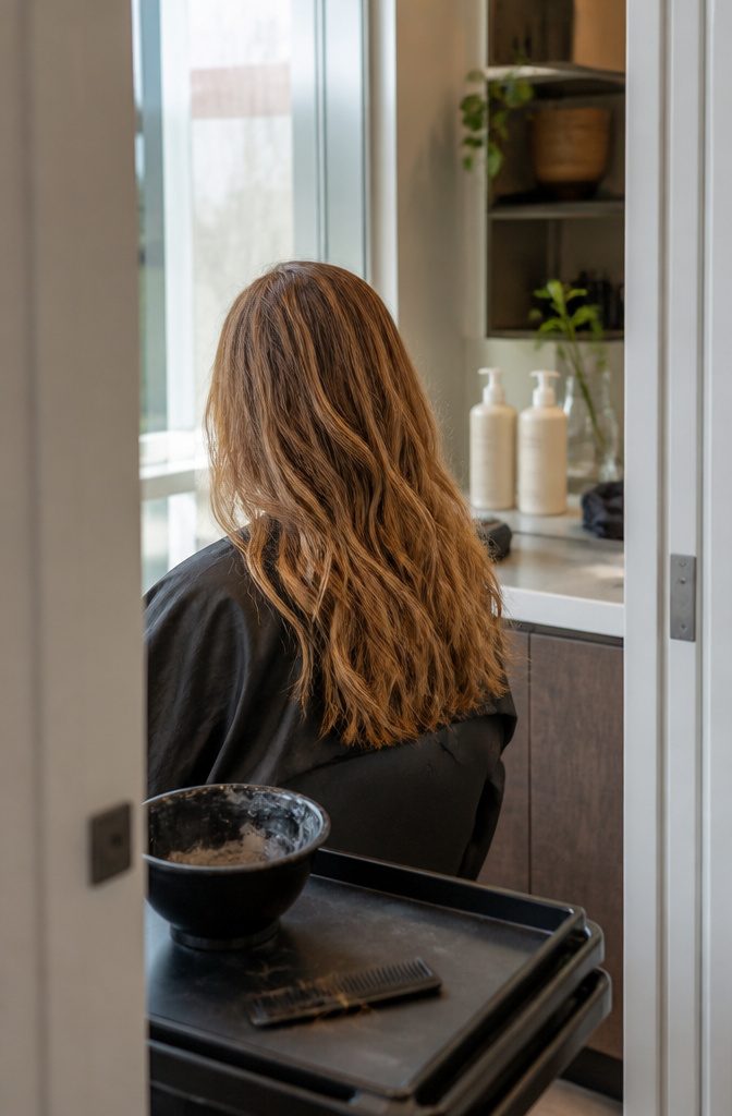 Honey brown hair with golden highlights beside shampoo and conditioner bottles