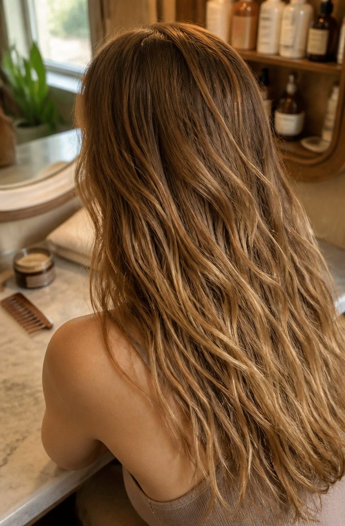 Light brown hair with subtle warm highlights and loose natural waves