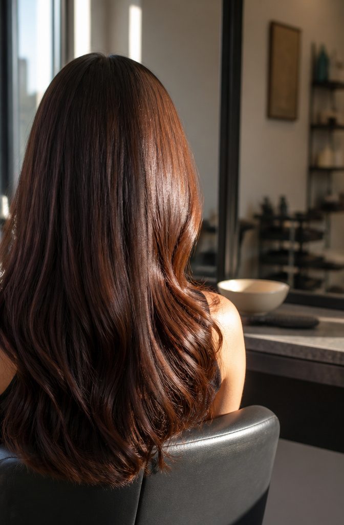 Mahogany brown hair with deep red highlights in sunlight