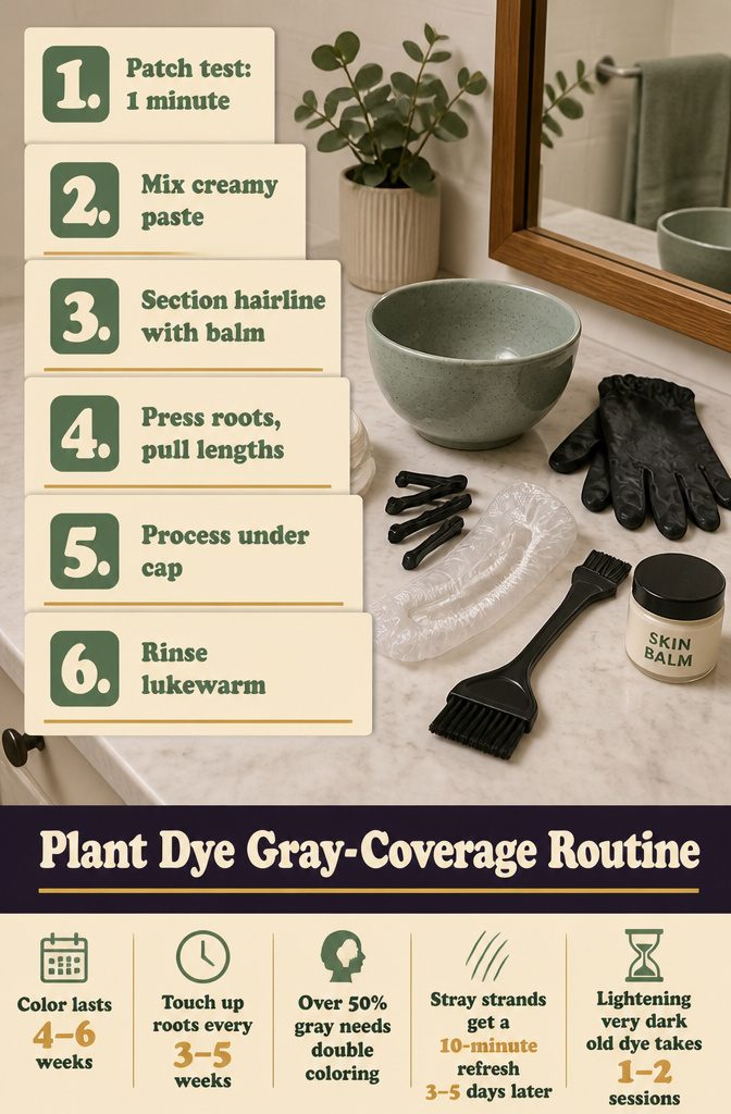 Plant dye gray coverage supplies with clipped hair sections and gloves