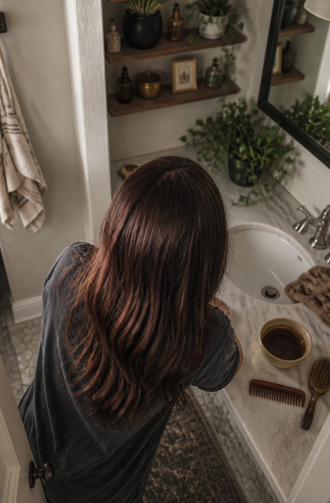 Reddish brown hair with warm red tones through medium brown lengths