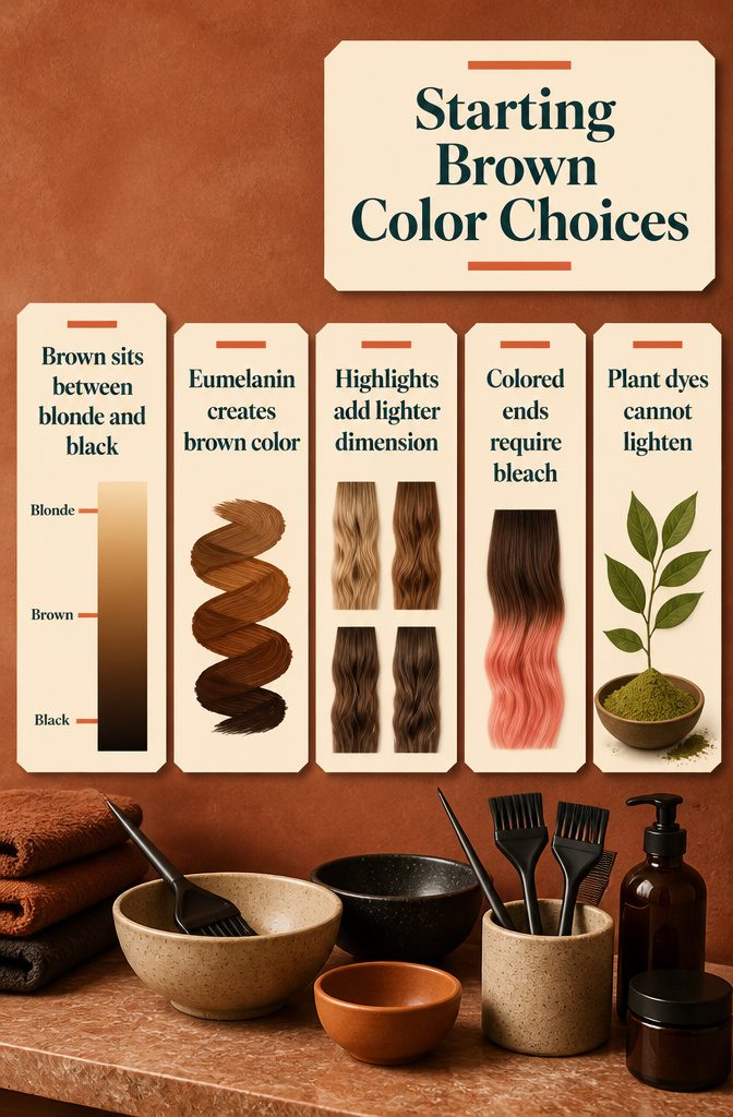 Brown hair coloring guide showing highlights lowlights balayage and ombre