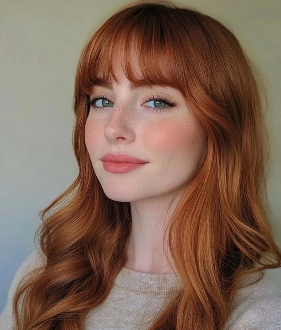 Woman with long copper-red hair and bangs posing against a pale background