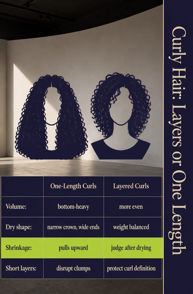 Curly hair chart comparing layered shapes with a one-length cut