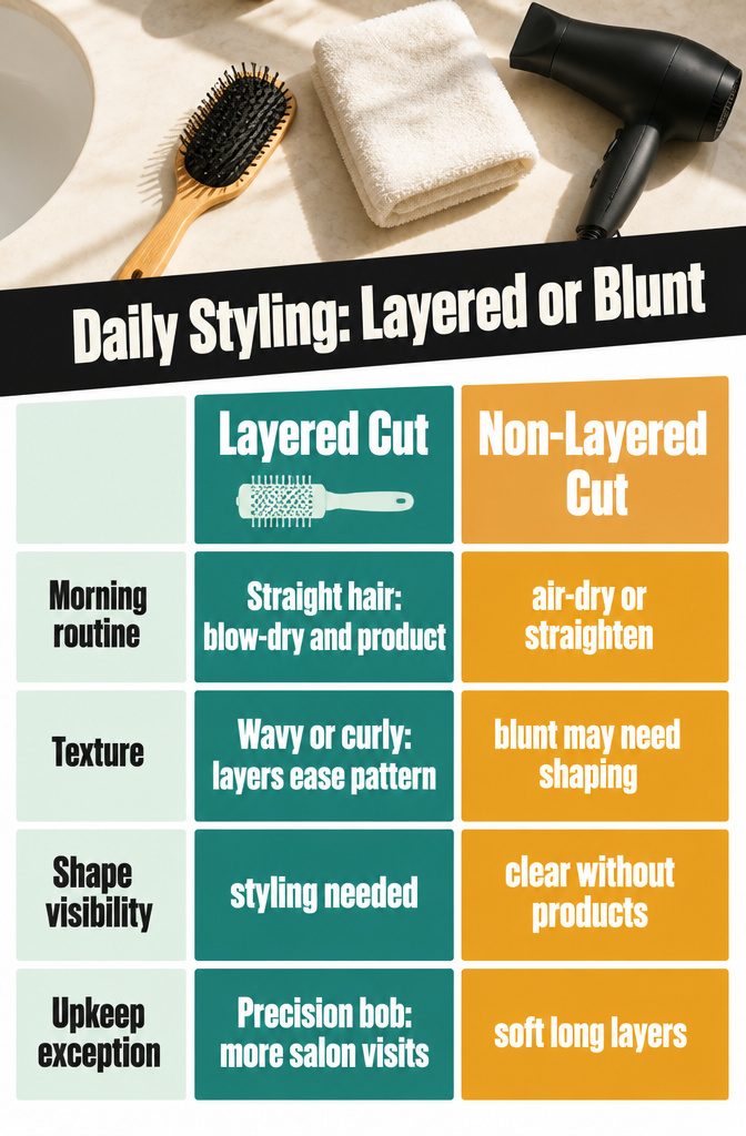 Styling chart comparing layered hair with a blunt haircut