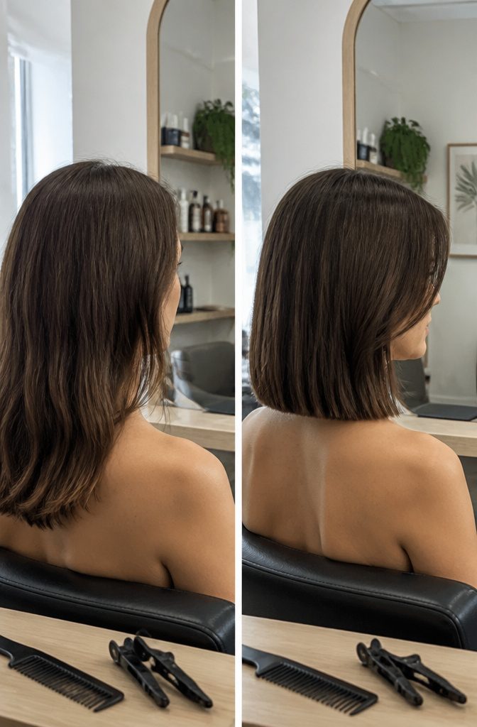 Non-layered hair falling in a solid line beside the face