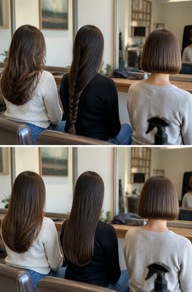 Non-layered hair with a full blunt edge at medium length