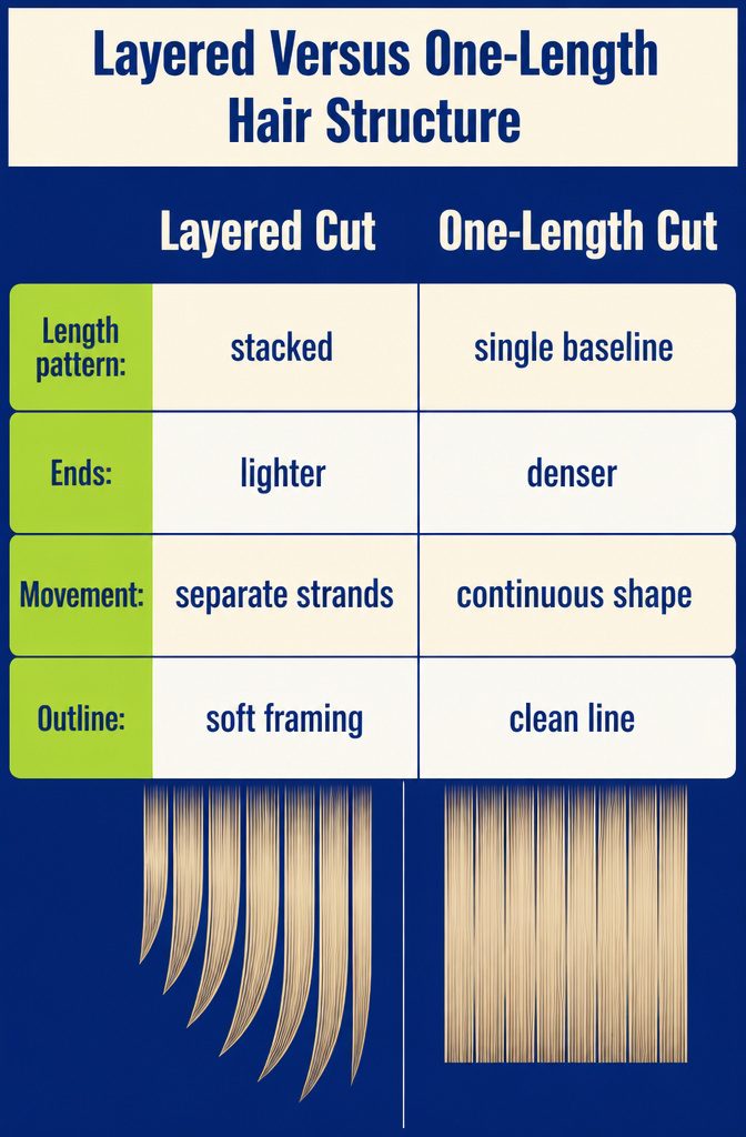 Hair structure diagram comparing layered lengths with a blunt outline