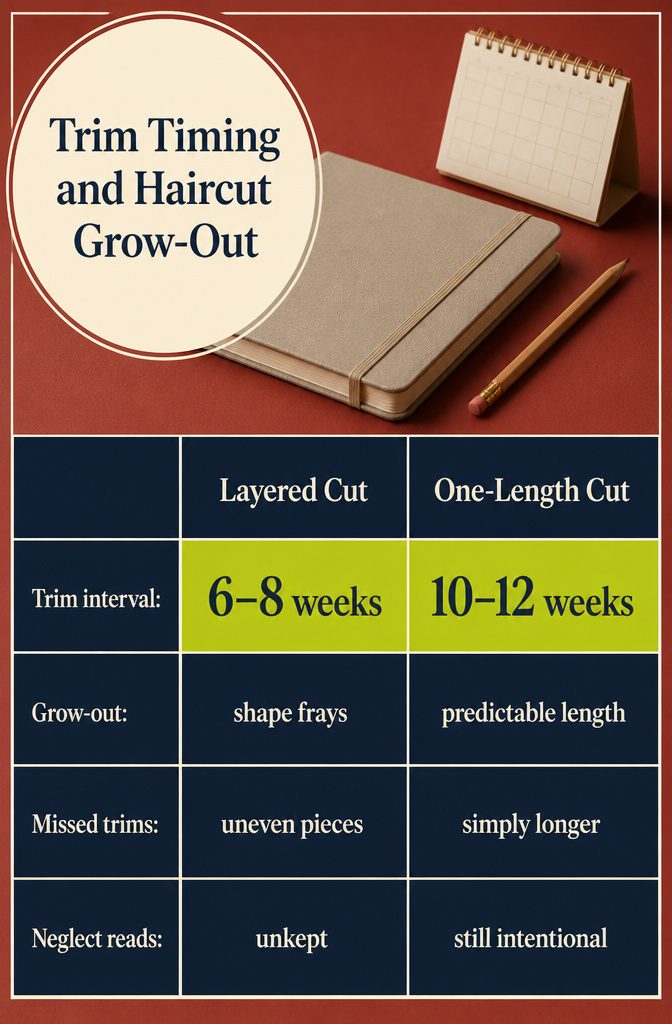 Haircut chart showing trim timing and grow-out for layered and blunt styles