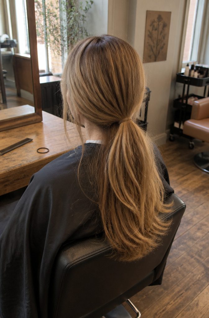 Long fine hair gathered loosely into a low ponytail with a full perimeter