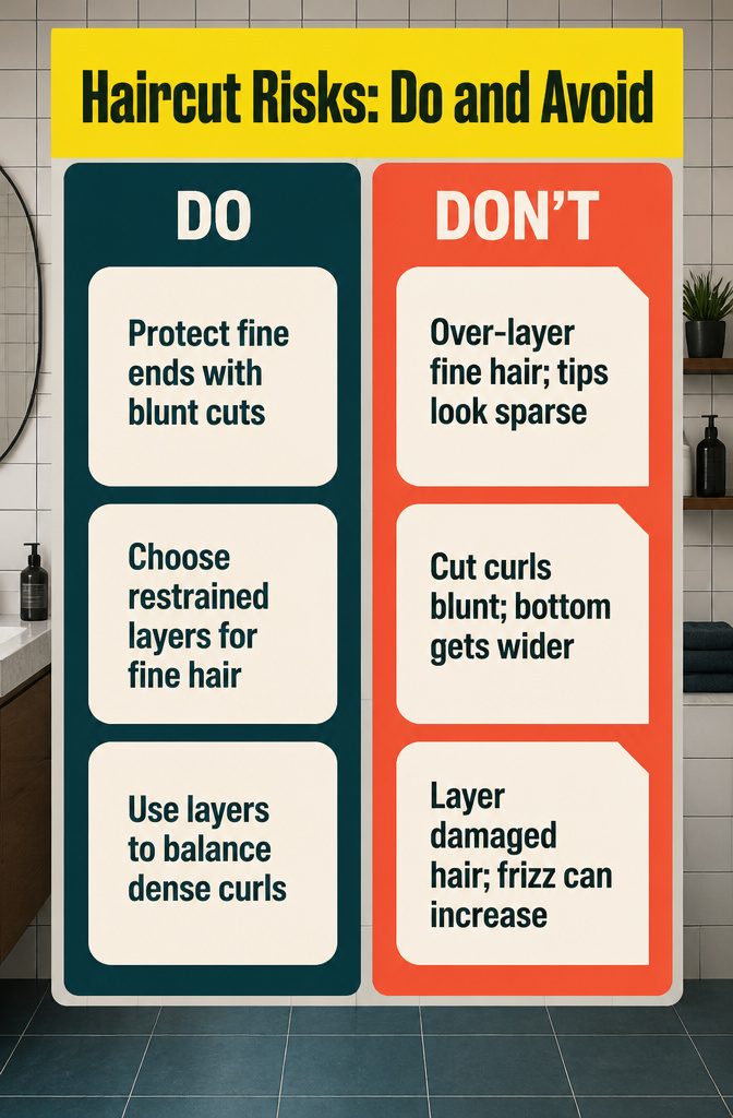 Haircut advice chart listing risks and choices for fine and curly hair