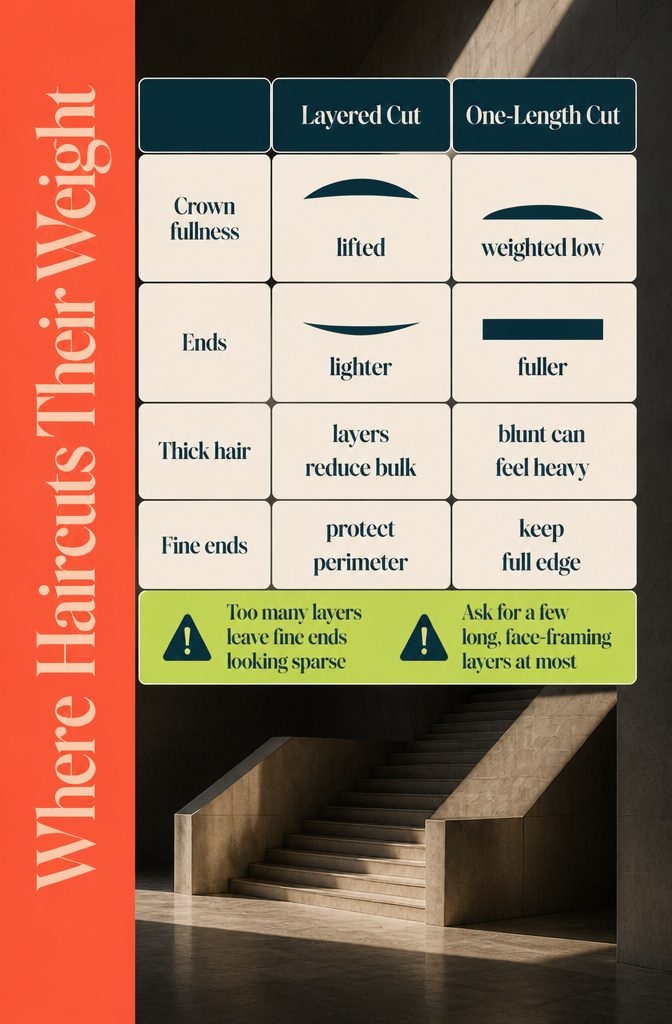 Haircut diagram comparing crown volume with fullness gathered at the ends