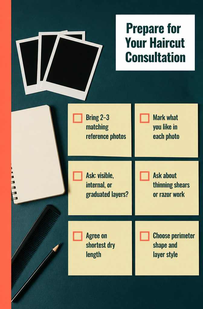 Haircut consultation chart with reference photo tips and stylist questions