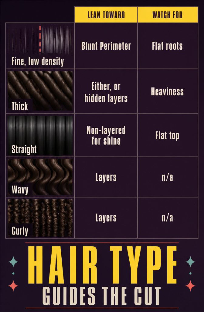 Hair type chart listing fine thick straight wavy and curly hair