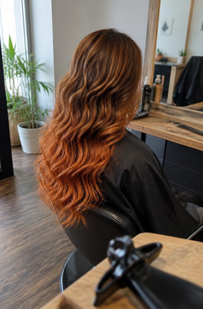 Long wavy hair blending copper brown into penny copper and fiery copper ends