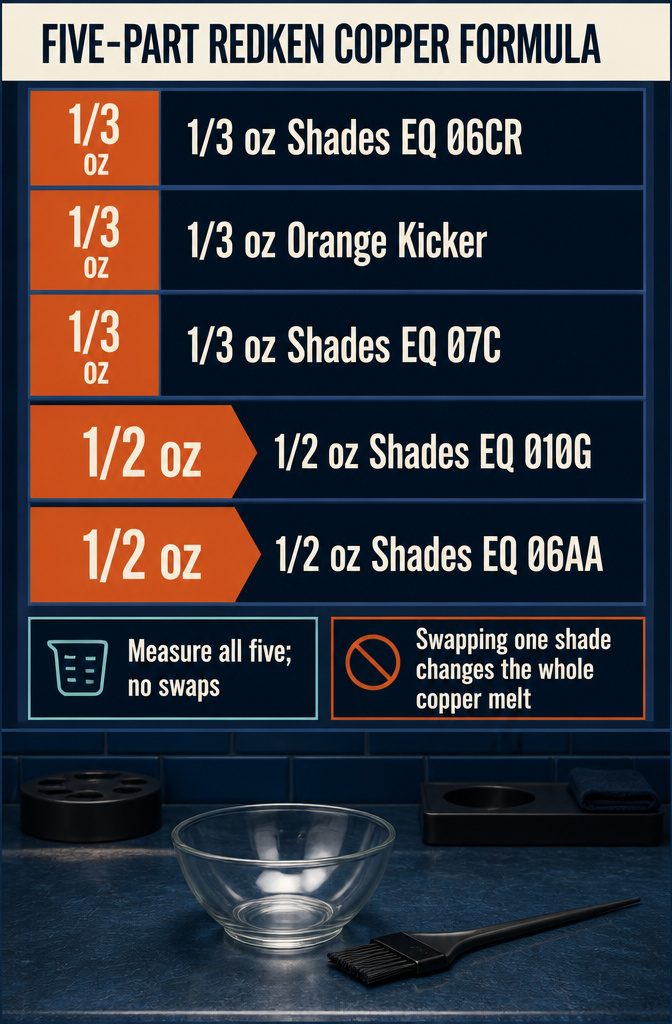 Copper formula graphic listing five Redken Shades EQ components and their amounts