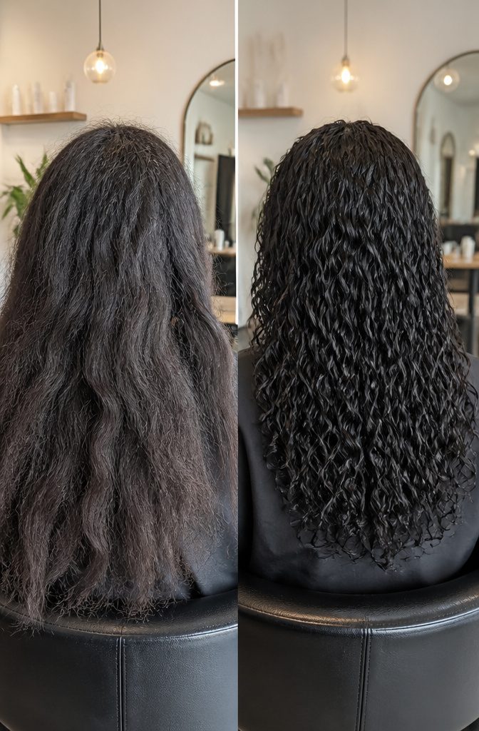 Black woman with defined curls showing a natural curl pattern