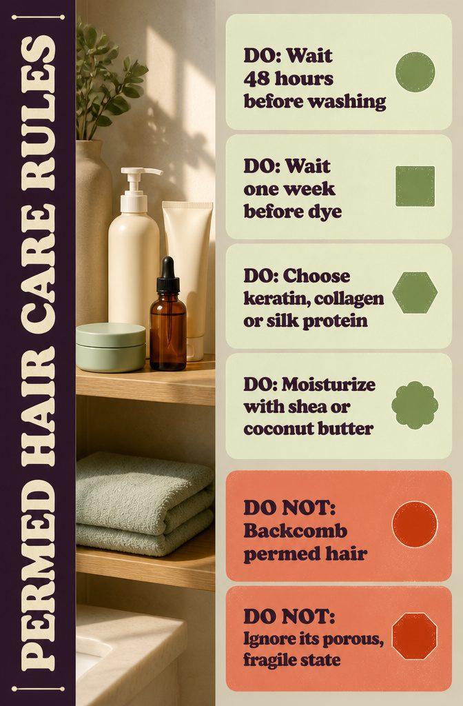 Graphic listing products and care steps for permed hair