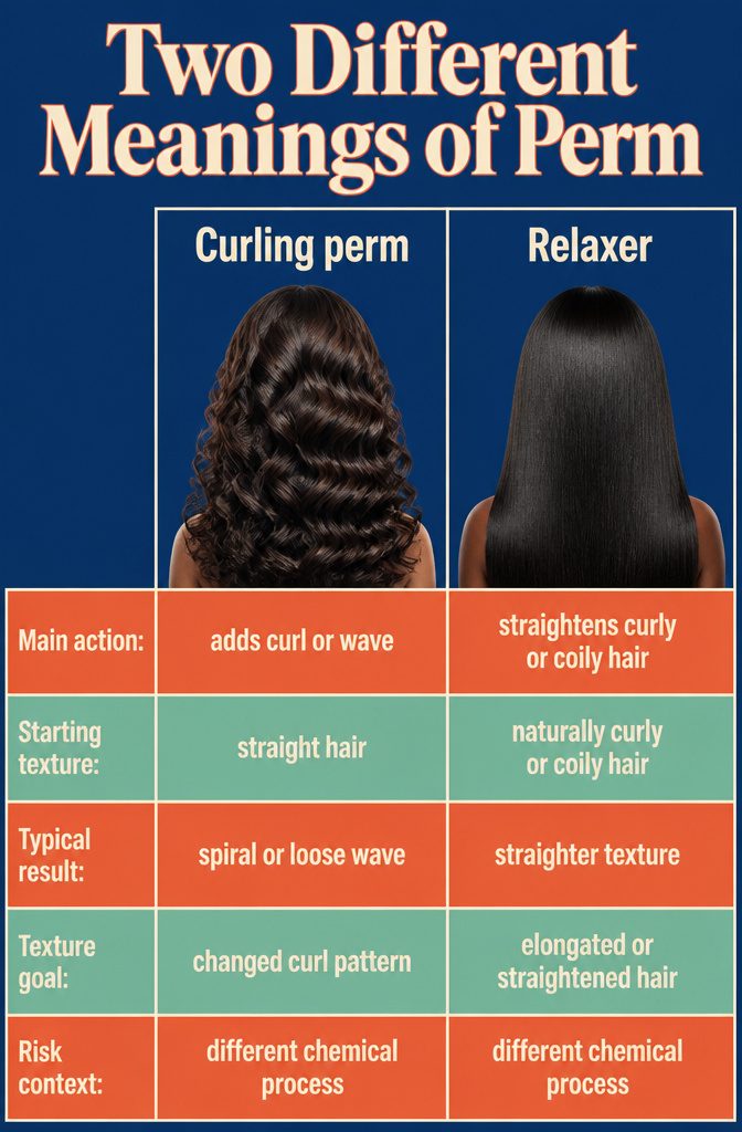 Graphic comparing a curling perm with a straightening relaxer